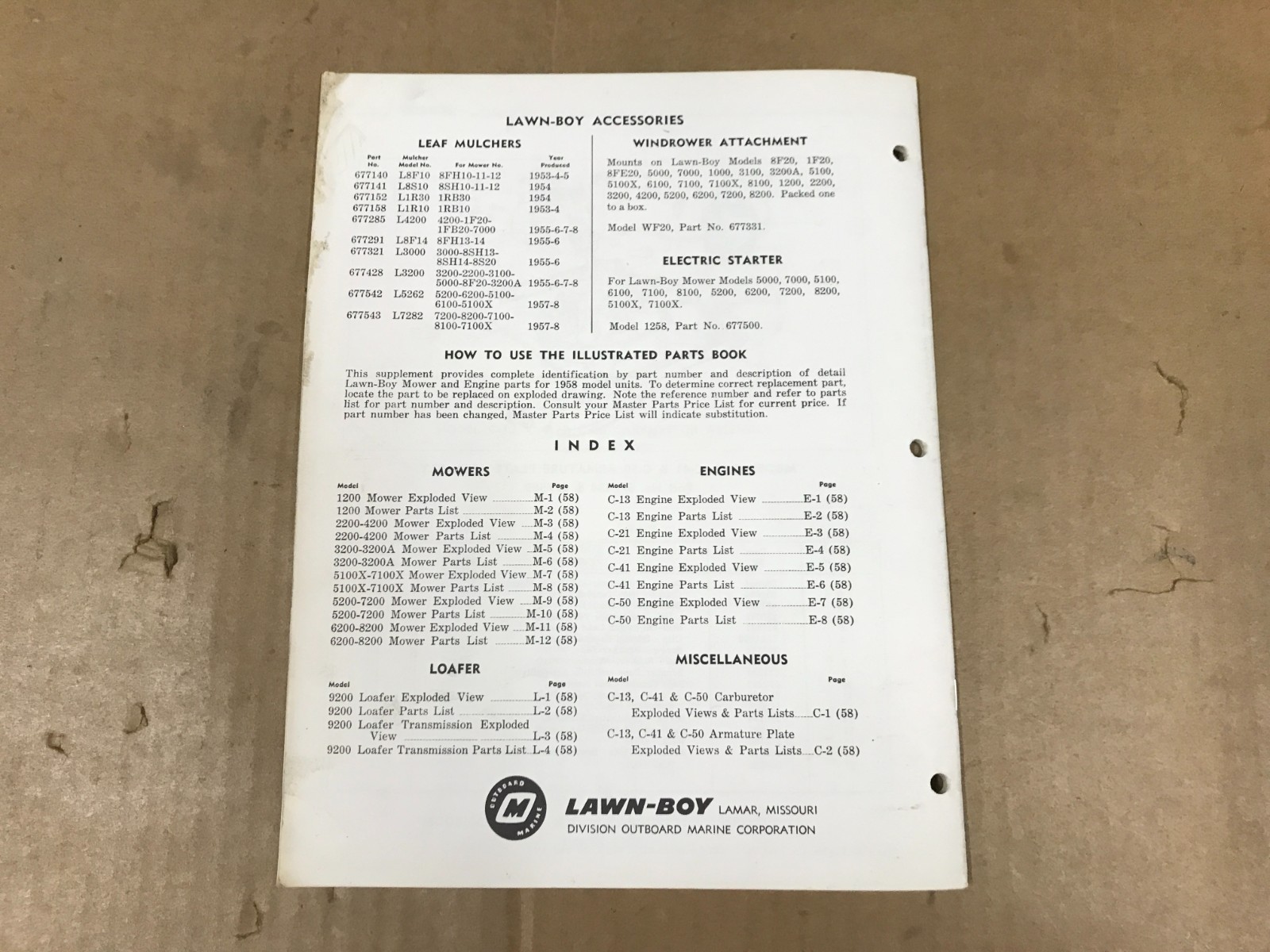 Vintage Lawn Boy Illustrated Parts List – Mowers & Engines – 1958 Supplement