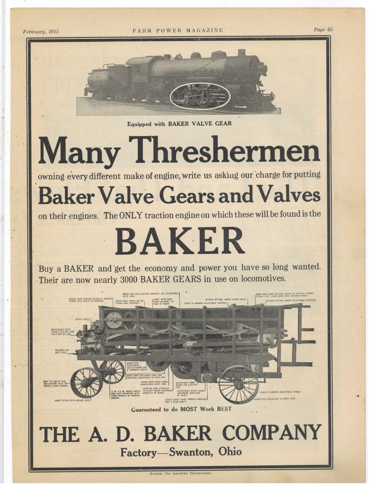 1915 A.D. Baker Co. of Swanton, OhiO Ad: Valve Gears for Engines & Locomotives