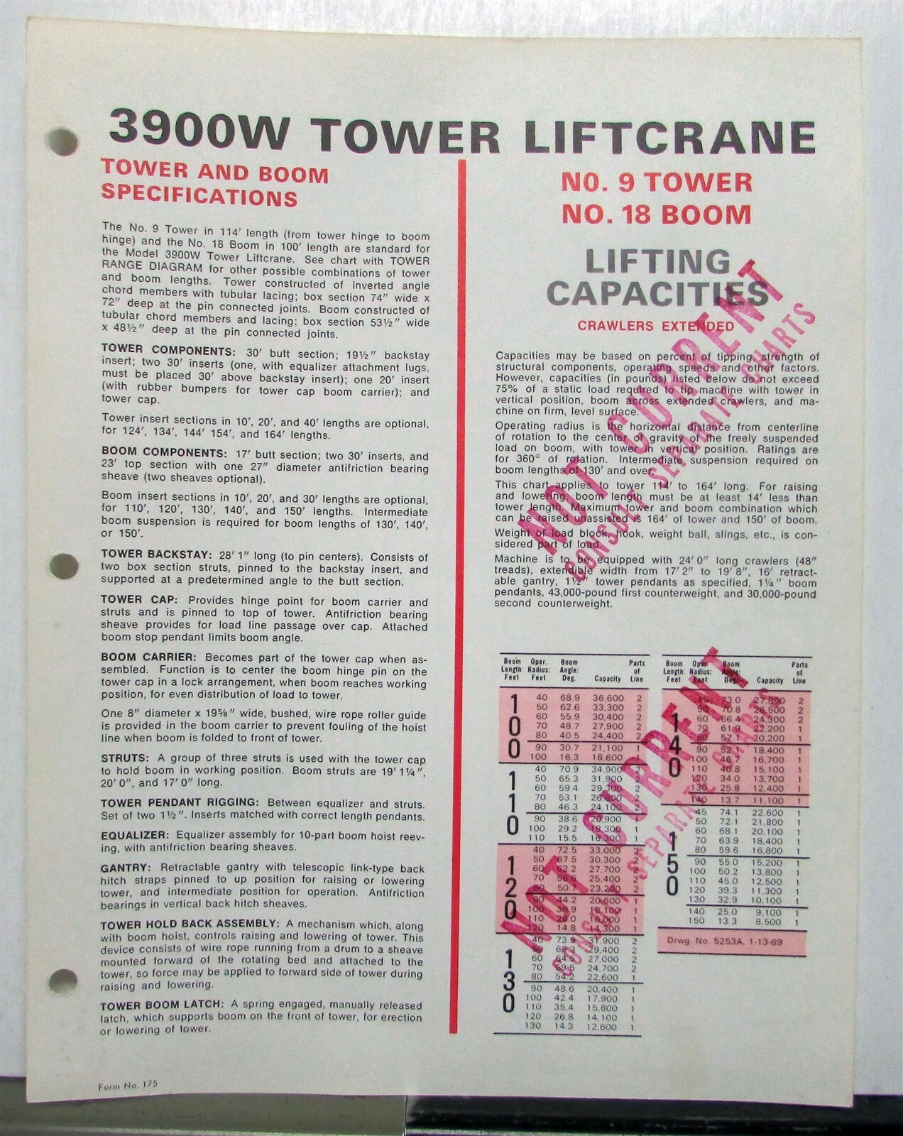 1975 Manitowoc 3900W Tower LiftCrane Specifications Construction Sales Brochure