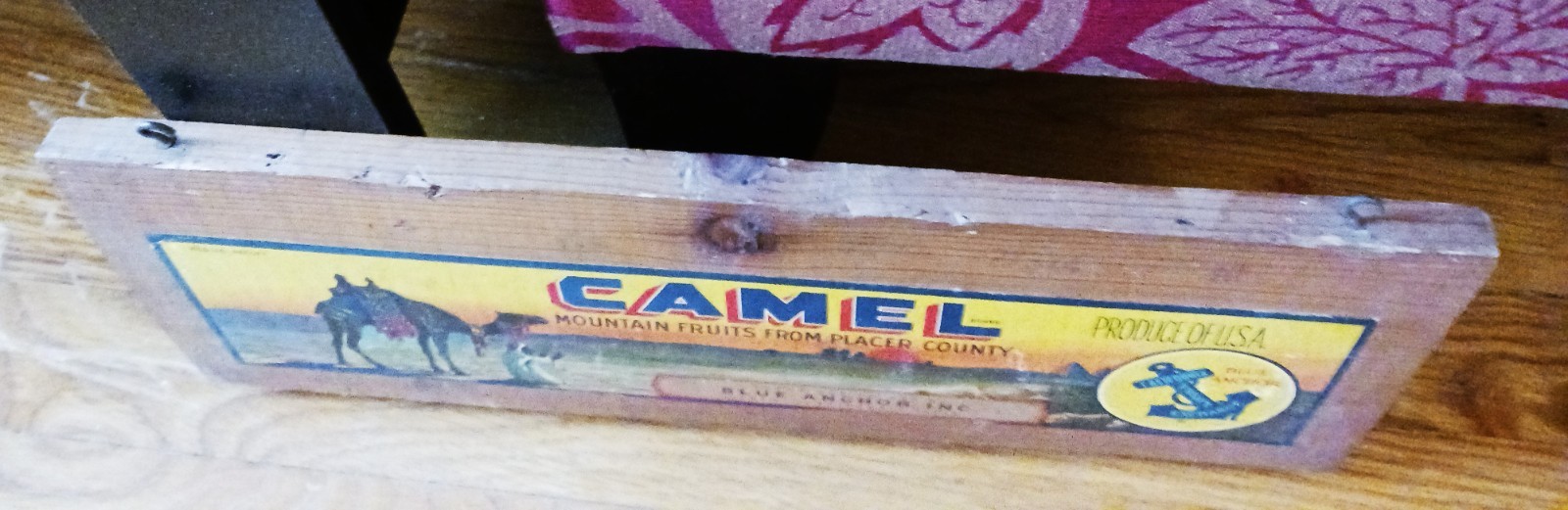 Vintage CAMEL Mountain Fruits Placer County Wood Crate Piece Blue Anchor