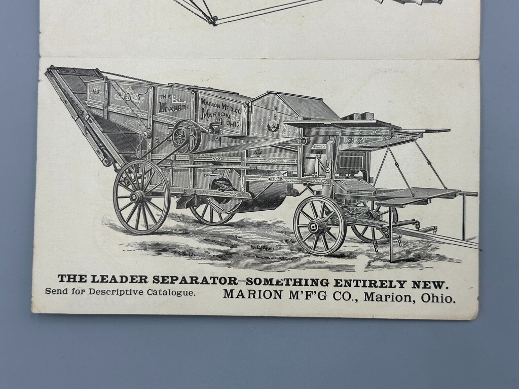 1888 MARION Ohio Leader THRESHING ENGINE Victorian FARM Advertising Trade Card