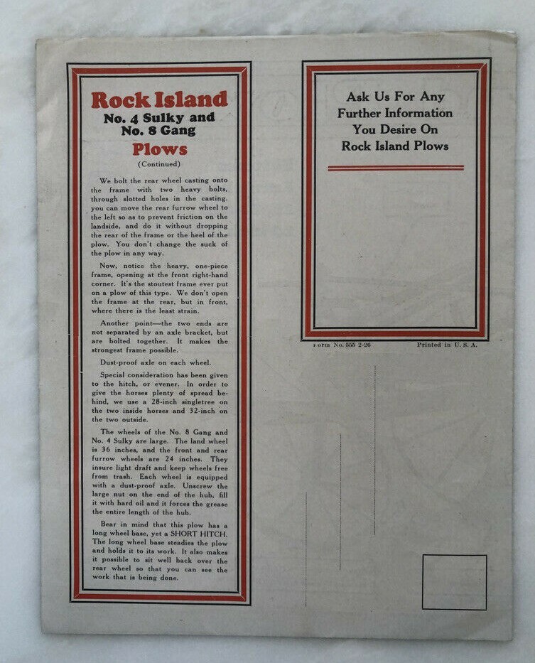 1928 ROCK ISLAND PLOWS Gang Sulky FARM ADVERTISING Antique Brochure POSTER