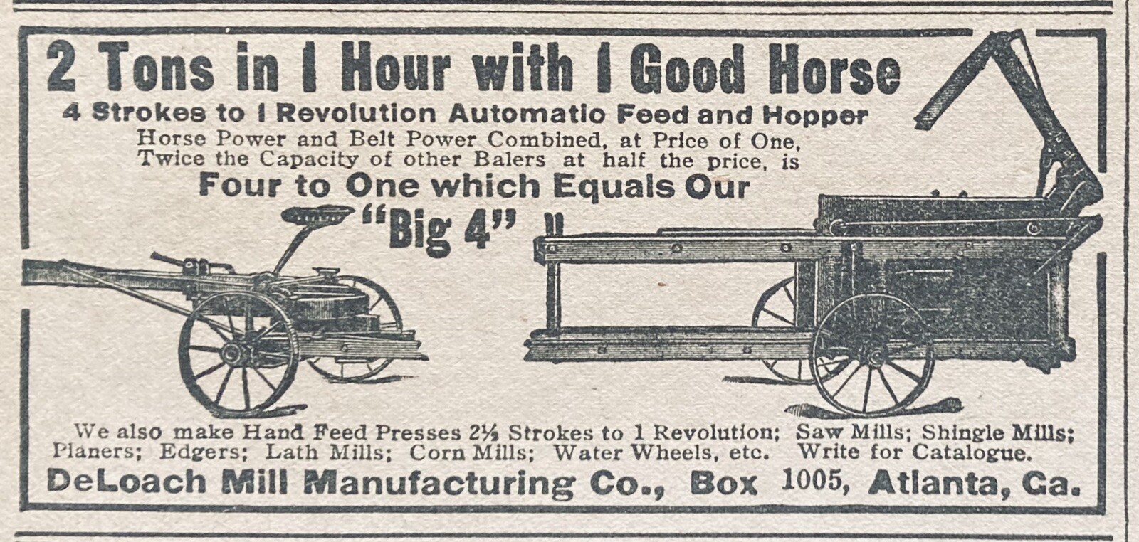 1905 AD.(XH42)~DELOACH MILL MFG. CO. ATLANTA, GA. AUTOMATIC FEED AND HOPPER