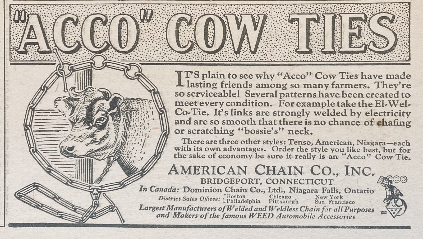 1924 AD.(XG6)~AMERICAN CHAIN CO. BRIDGEPORT, CONN. “ACCO” COW TIES
