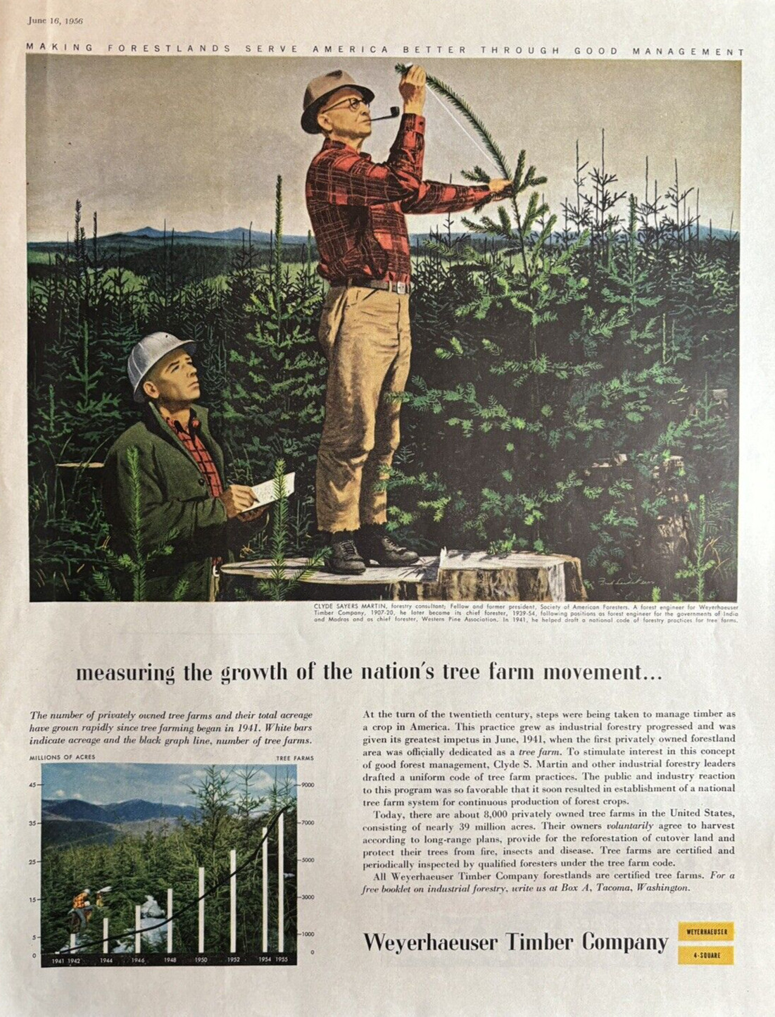 1956 Weyerhaeuser Timber Company Nations Tree Farm Movement Forest VTG Print Ad
