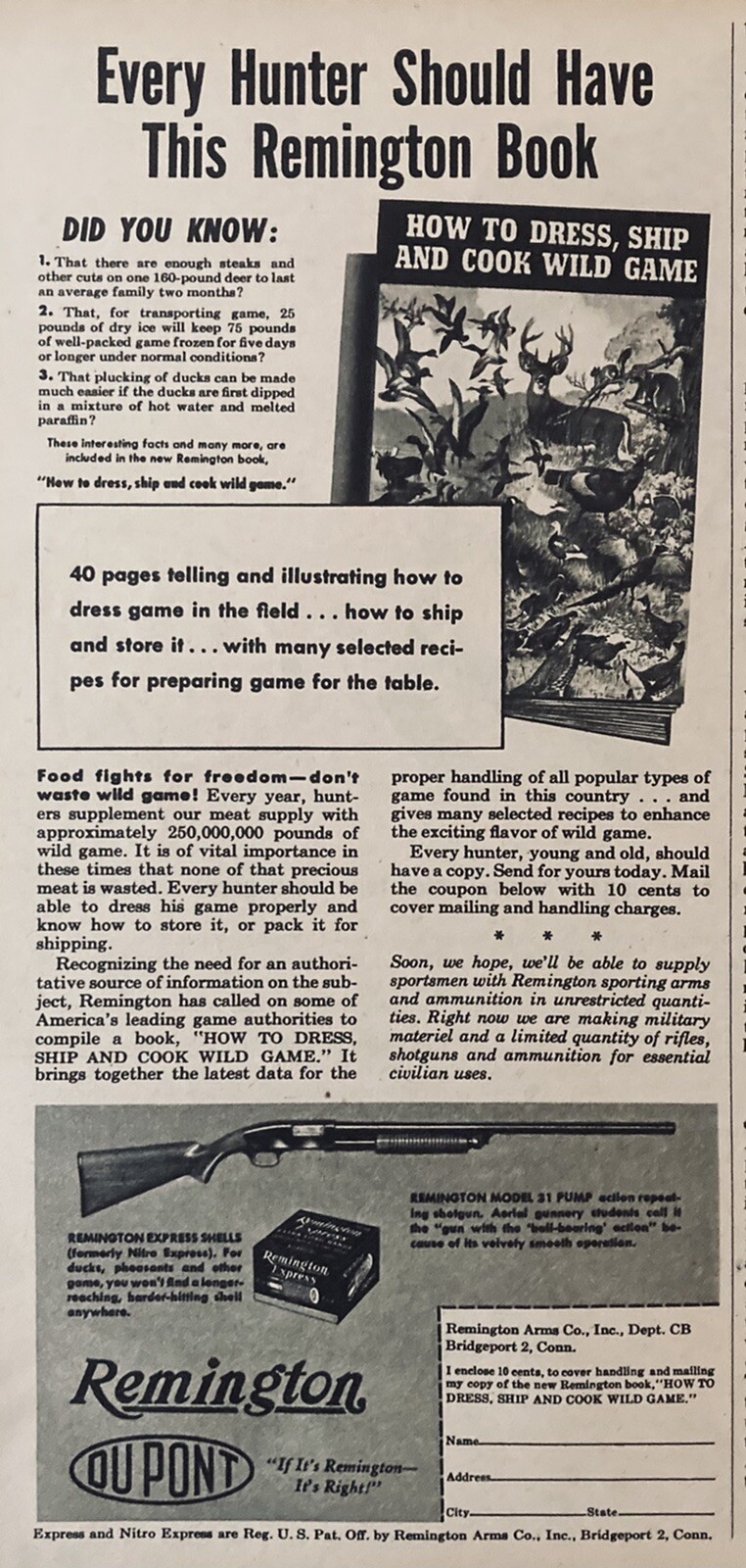 1945 AD.(XH13)~REMINGTON ARMS CO. BRIDGEPORT, CONN. MODEL 31 PUMP REPEATER