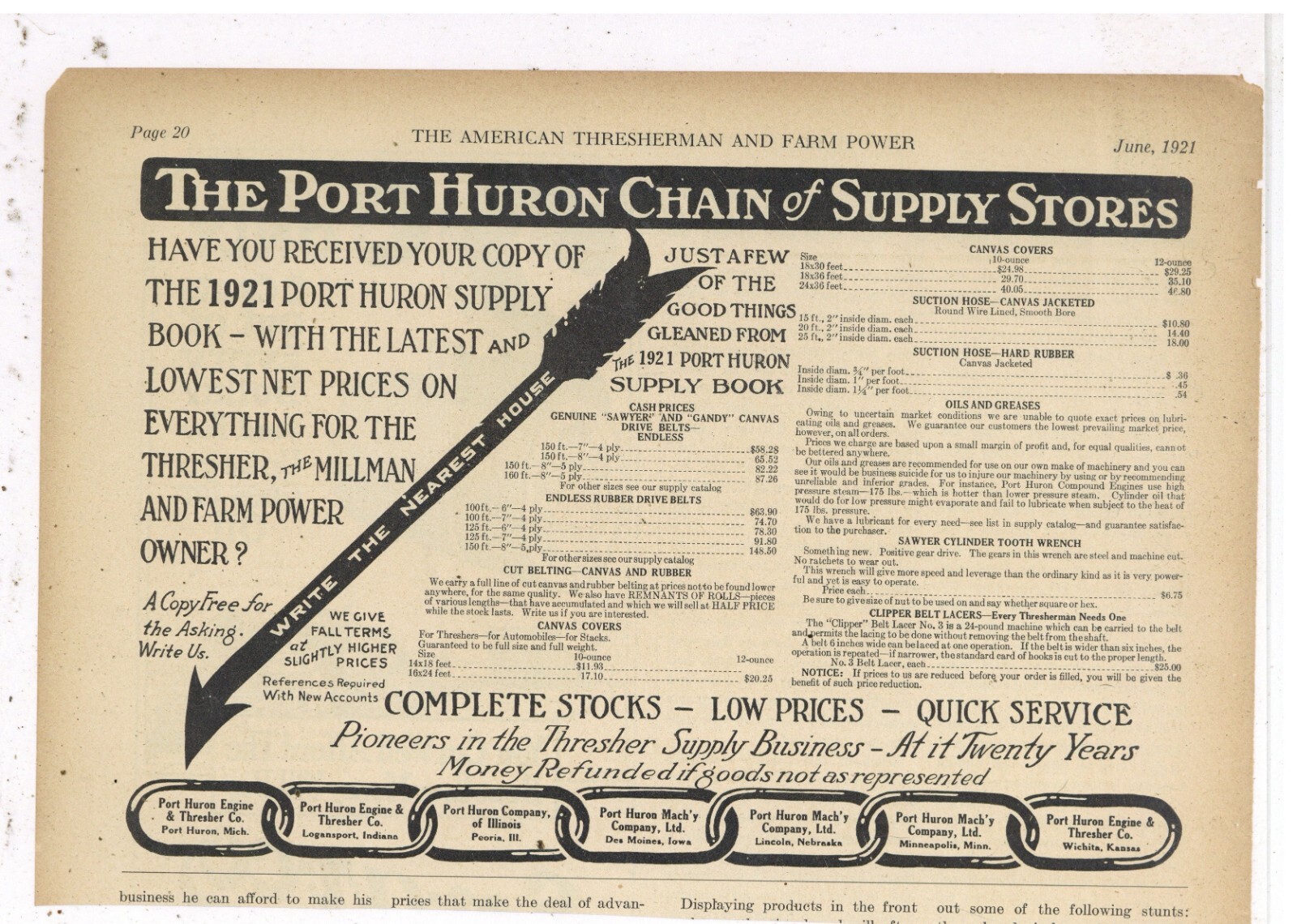 1921 Port Huron Engine & Thresher Ad: Supply Book Sale – List of Sales Houses