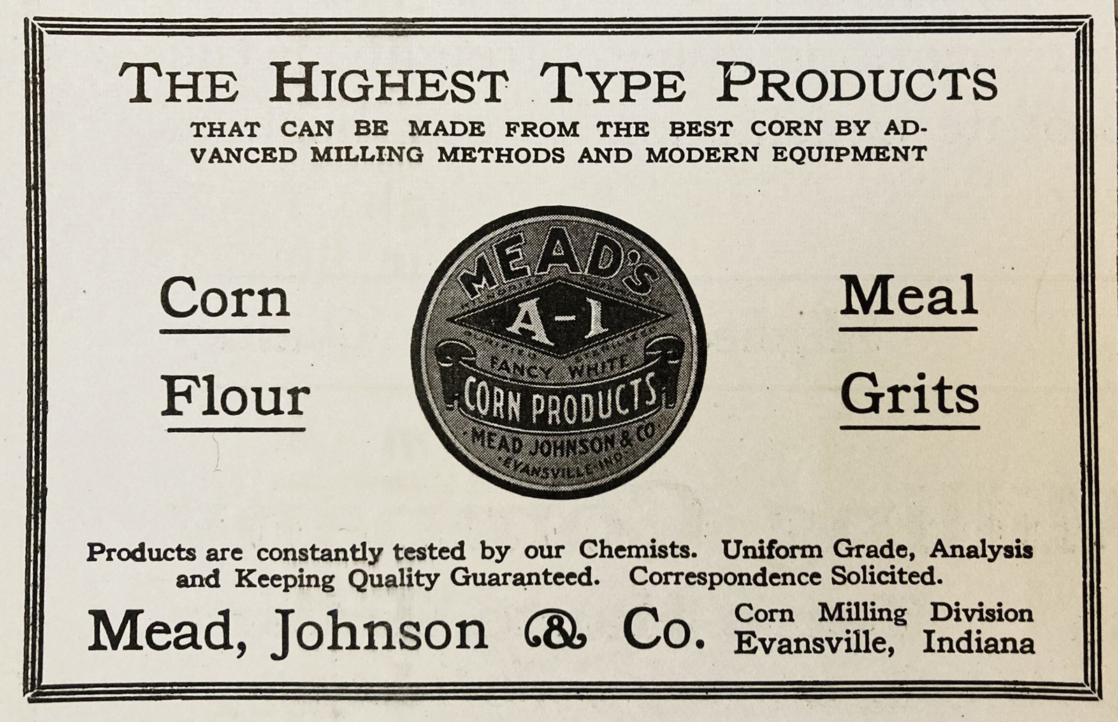 1919 AD.(PC1)~MEAD, JOHNSON CO. EVANSVILLE, IND. MEAD’S A-1 CORN PRODUCTS