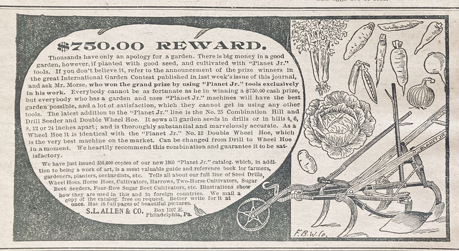 1900 AD.(XH35)~S.L. ALLEN CO. PHIL., PA. PLANET JR. GARDEN TOOLS CONTEST AD.