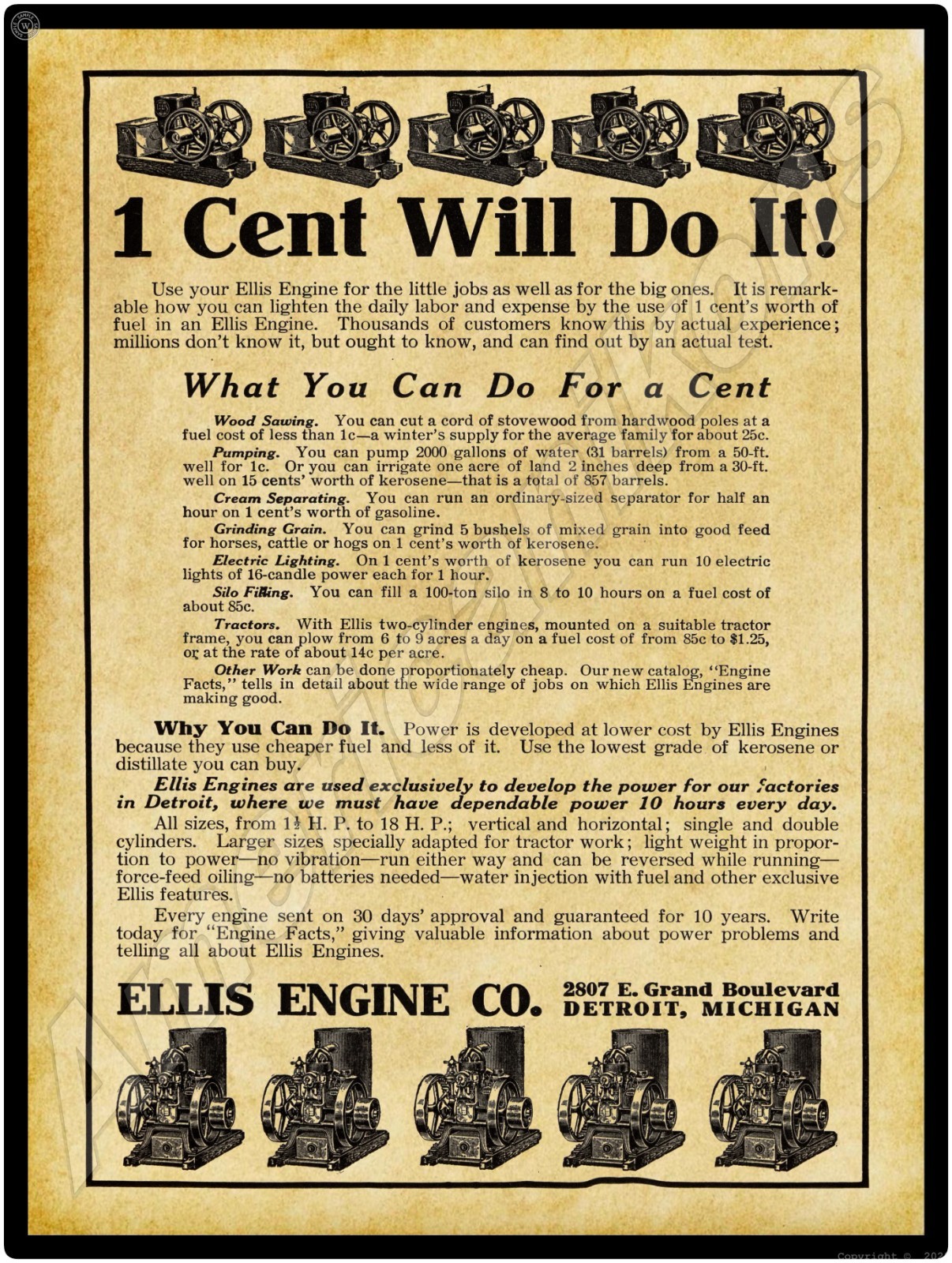 1915 Ellis Gas Engine Co. of Detroit Michigan NEW Metal Sign: 15×20&Prime; USA Steel