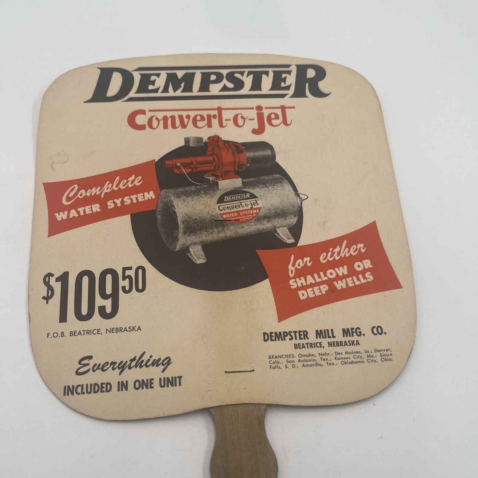 Vintage Dempster Convert-O Jet Water System Promotional Hand Fan 11.5” x 7.5”
