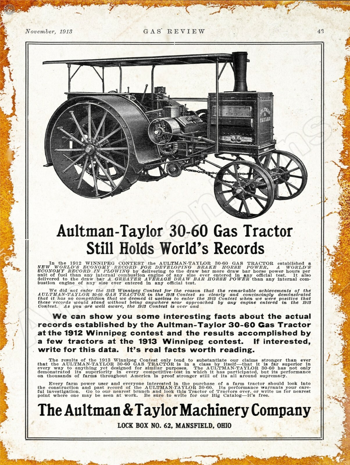 1913 Aultman & Taylor 30-60 Gas Tractor New Metal Sign: Mansfield, Ohio