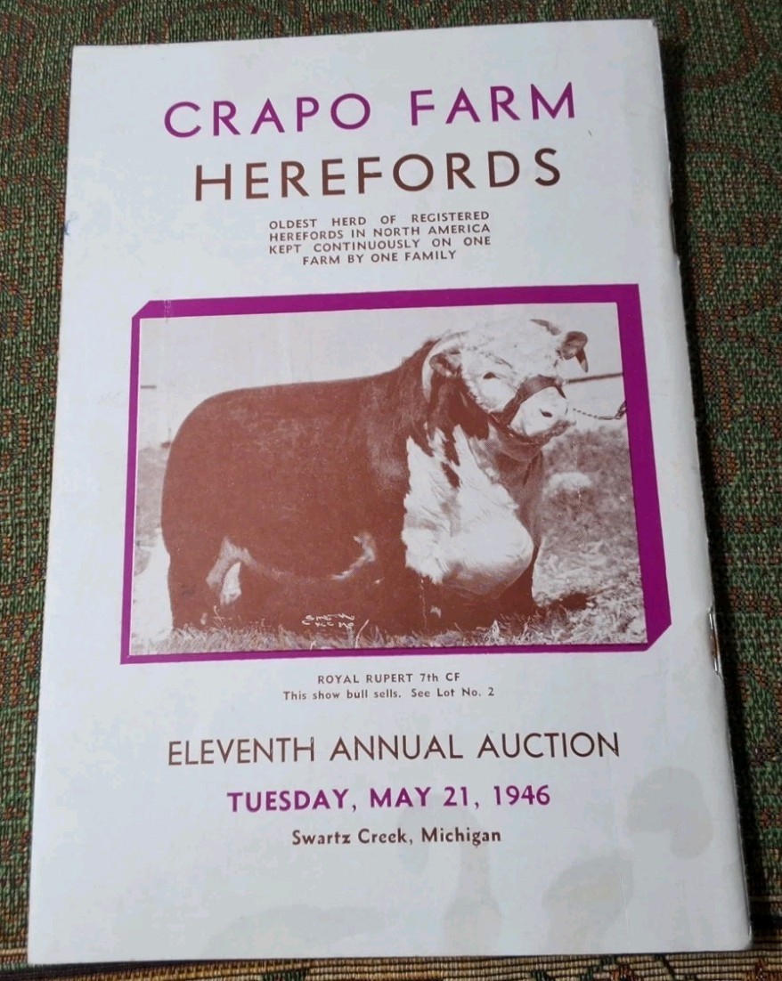 Vintage Crapo Farm Herefords Auction 1946 Sale Catalog Swartz Creek Michigan
