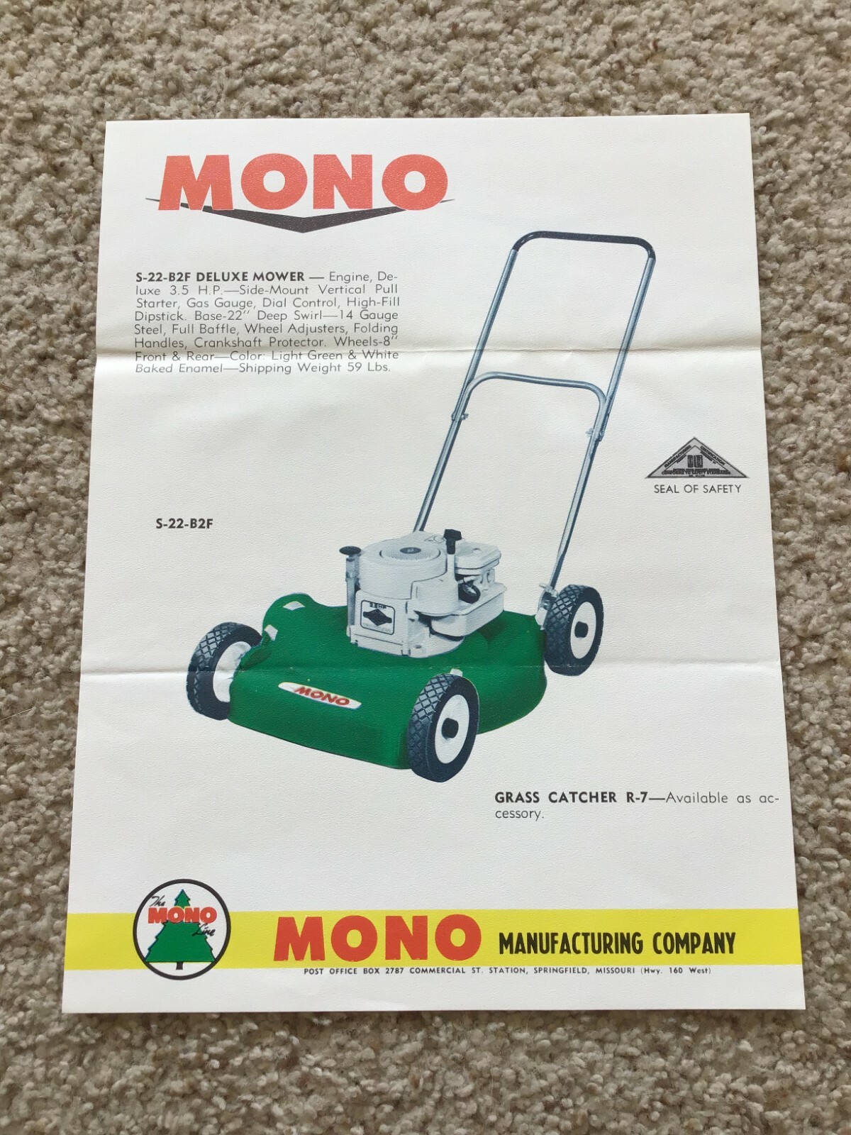 1960s Mono lawn mowers, original sales sheet.