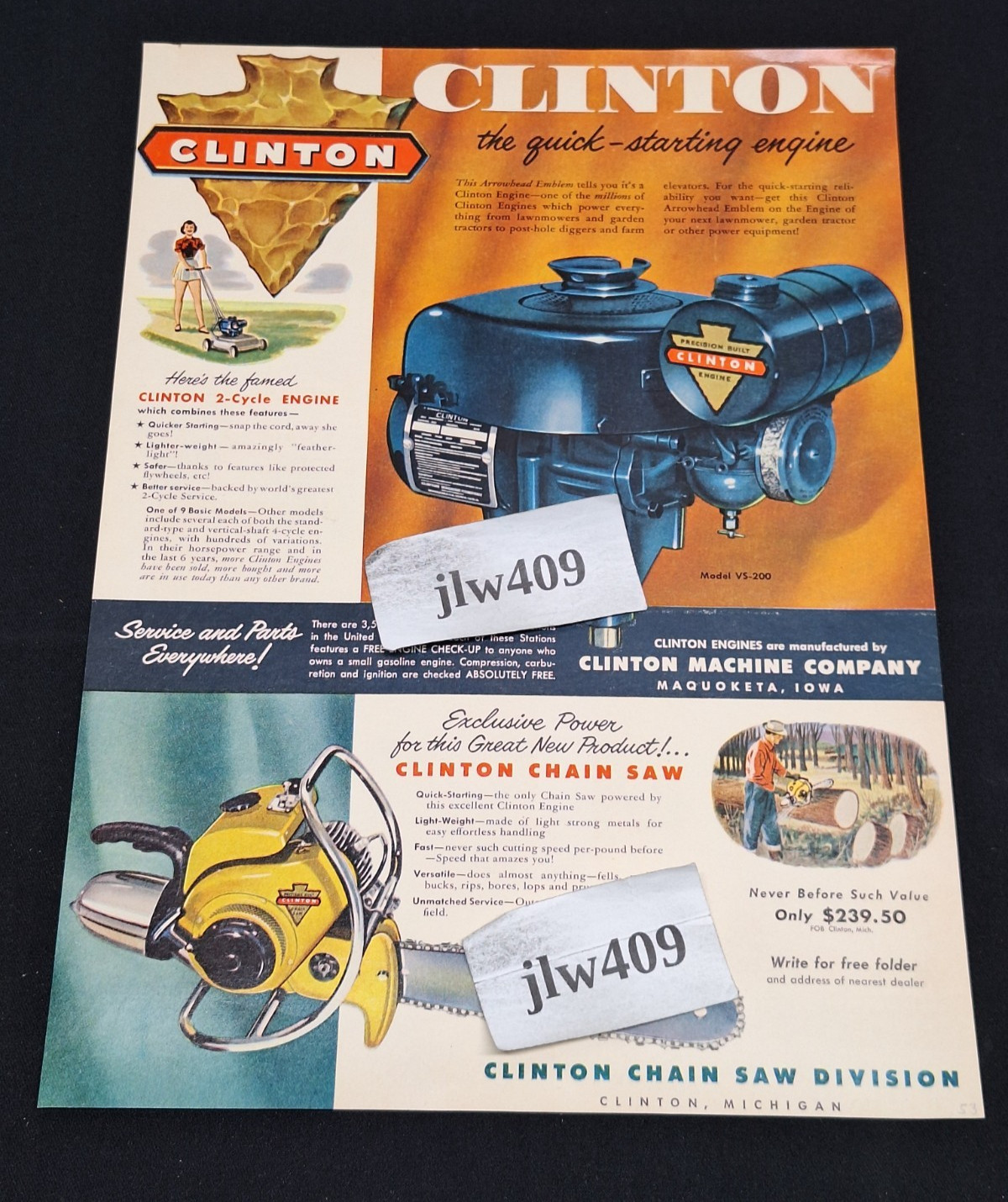 1953 CLINTON ENGINE Print Ad Magazine Ad 10&Prime; x 13.75&Prime; Maquoketa IA Chain Saw