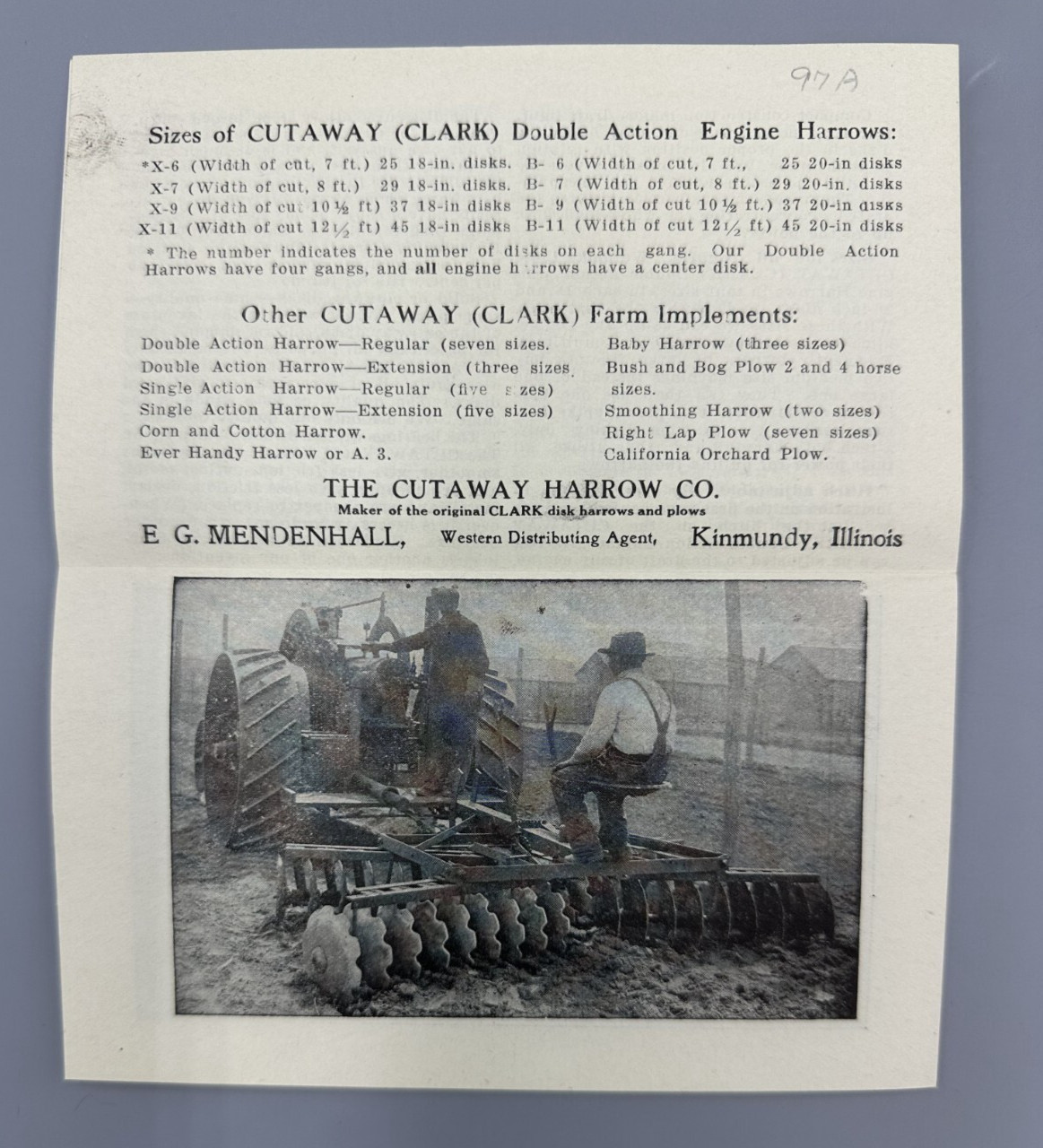 Antique CUTAWAY Clark HARROW Farm Advertising Brochure KINMUNDY IL Postcard