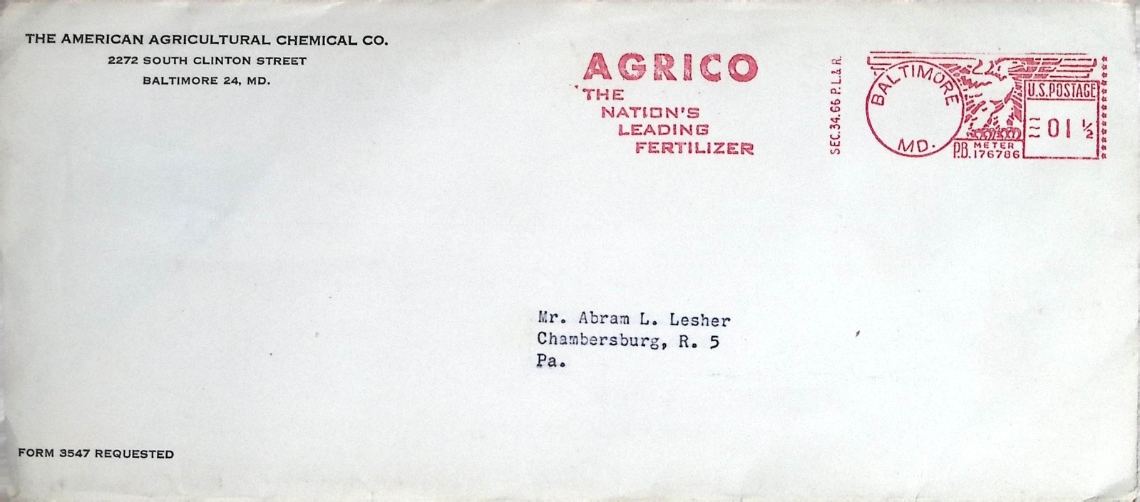 Vintage Agrico Superphosphate Fertilizer Advertising Cover Envelope Baltimore MD