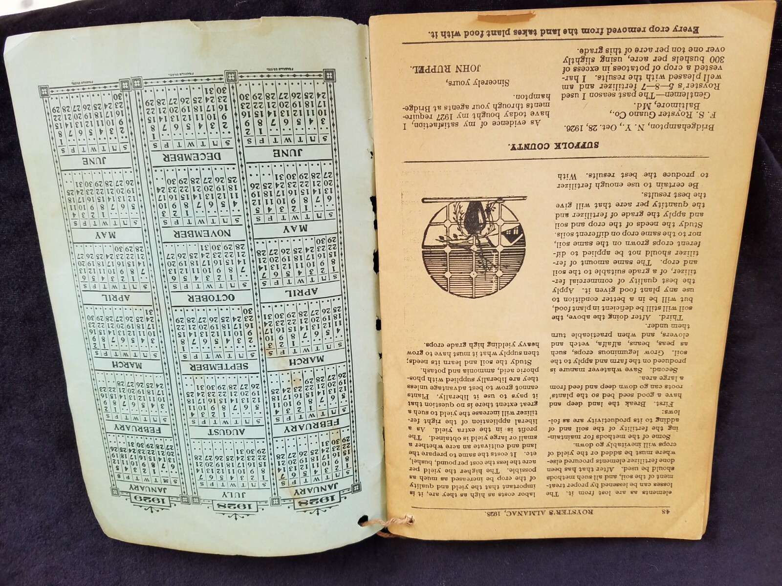 1928 Royster&rsquo;s Almanac FS Royster Guano Baltimore Farm Fertilizer Mine Bartow FL