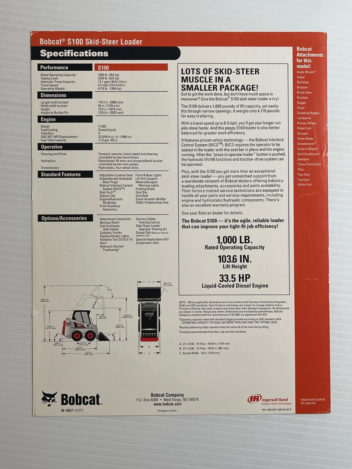 Bobcat S100 Skid-Steer Loader Sales Brochure (Original Brochure) *2007*