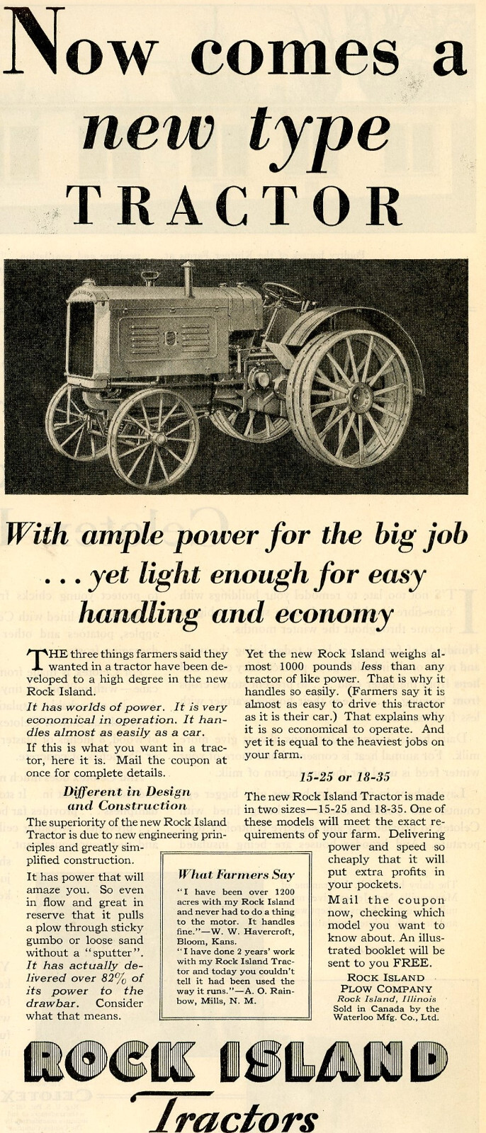 1929 Original ROCK ISLAND TRACTOR Ad. 15-25 Or 18-35. Rock Island, Illinois