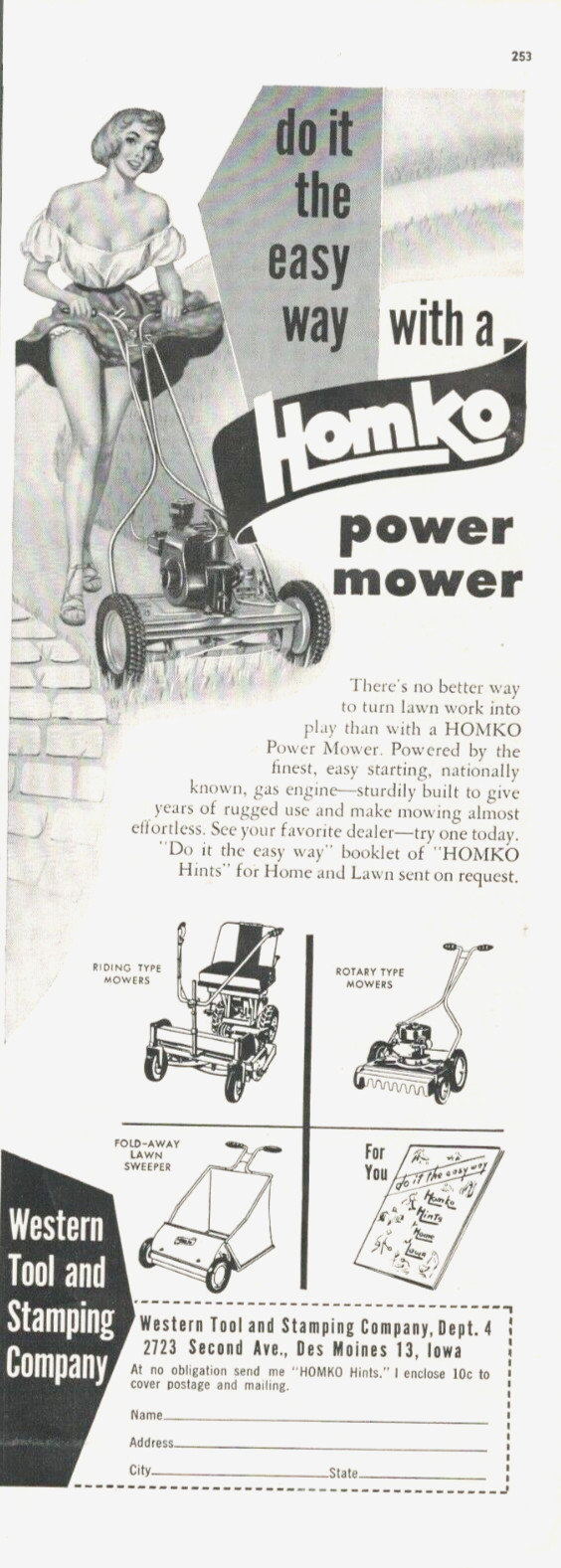 LAWNMOWER Woman cutting grass short skirt backyard garden 1952 vintage print ad