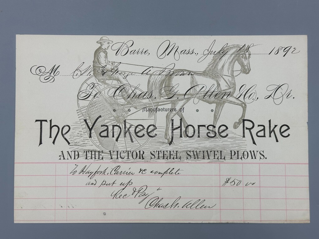 1892 YANKEE HORSE RAKE Massachusetts BARRE Illustrated Antique FARM ADVERTISING