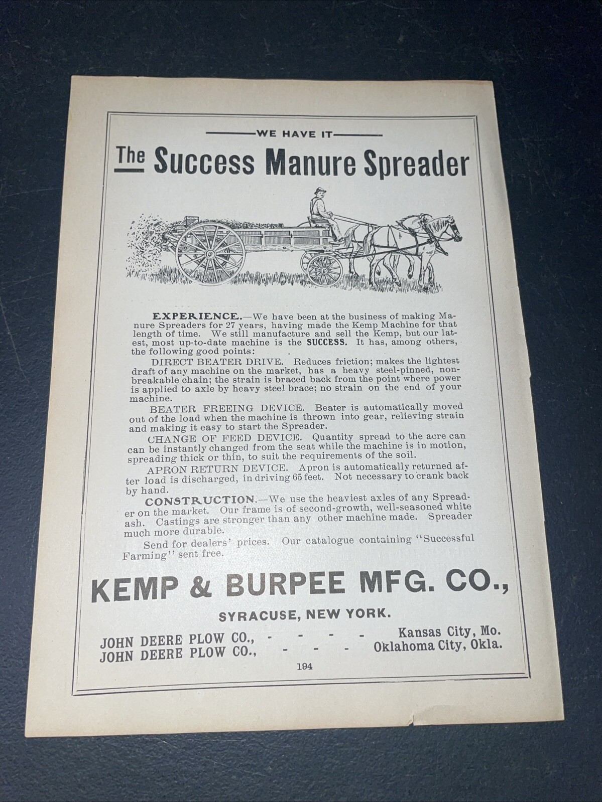 ORIGINAL 1907 Success Manure Spreader Farm Implement Advertising