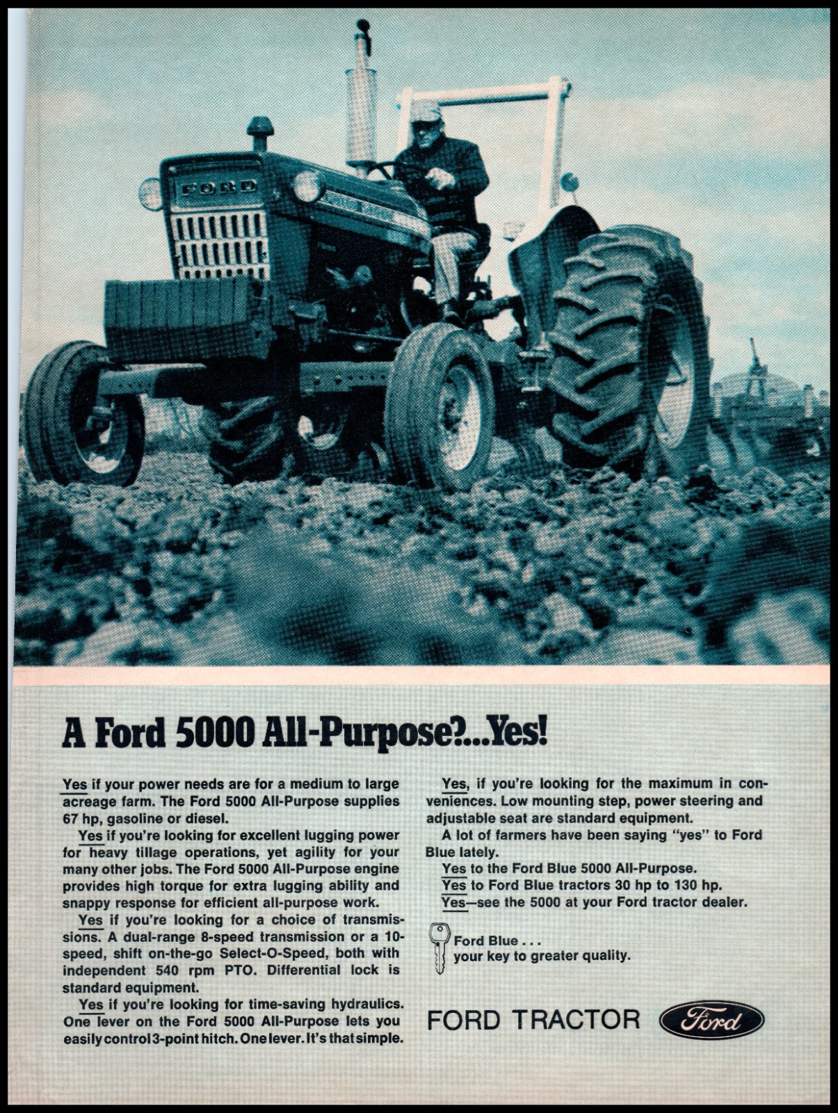 1972 Ford Blue 5000 All-Purpose Farm Tractor 70&rsquo;s Vintage Print Ad