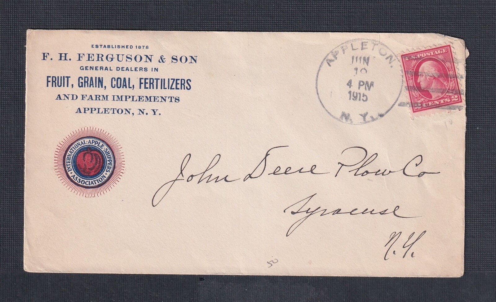 USA 1915 ‘FRUIT, GRAIN, COAL, FERTILIZERS’ GRAPHIC CORNER CARD COVER APPLETON NY