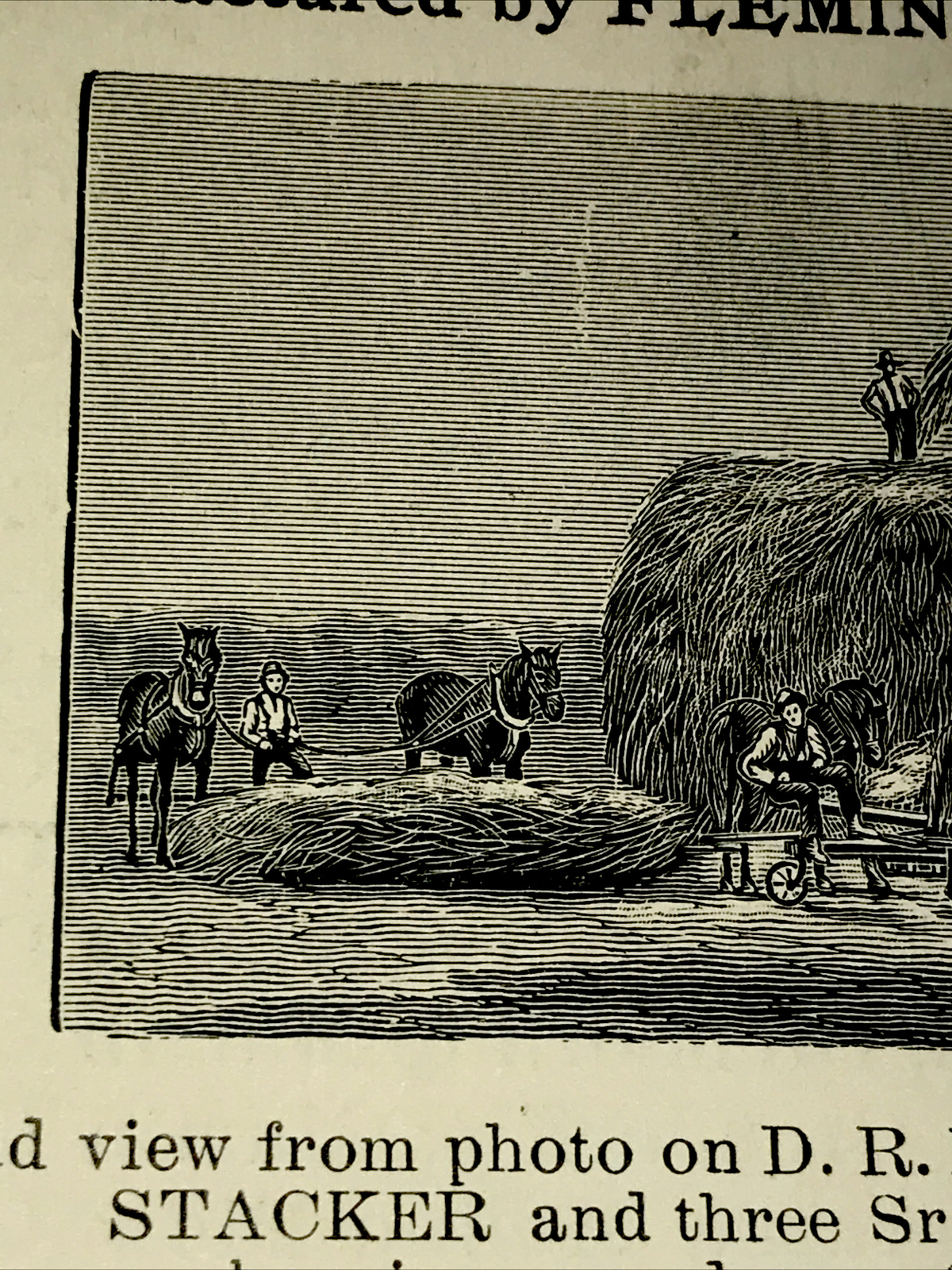1905 Fleming Hay Stacker Farm Engraving Advertising – Huntsville – Missouri