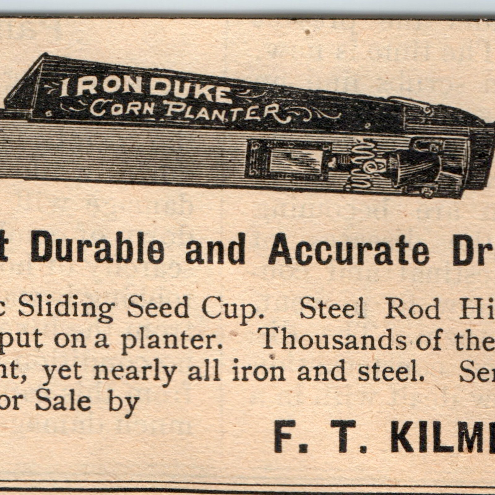 Vtg 1890 Adrian Mich Iron Duke Corn Planter Print Ad F. T. Kilmer Farm Tool Hand