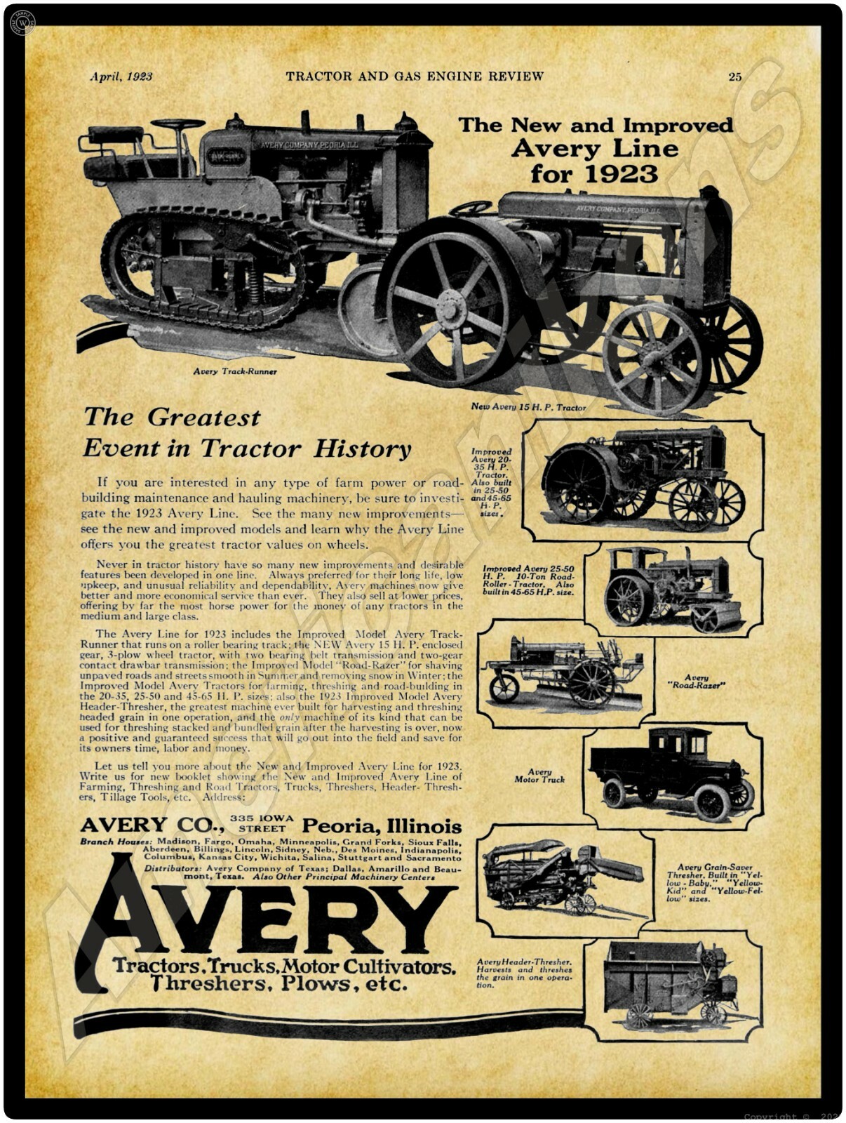 1923 Avery Tractors, Peoria NEW Metal Sign – 24&Prime; x 30&Prime; USA STEEL XL Size – 7 lbs