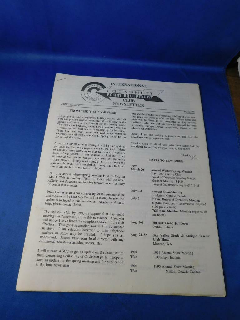 COCKSHUTT FARM EQUIPMENT CLUB NEWSLETTER INTERNATIONAL MARCH 1993 TRACTOR SHED