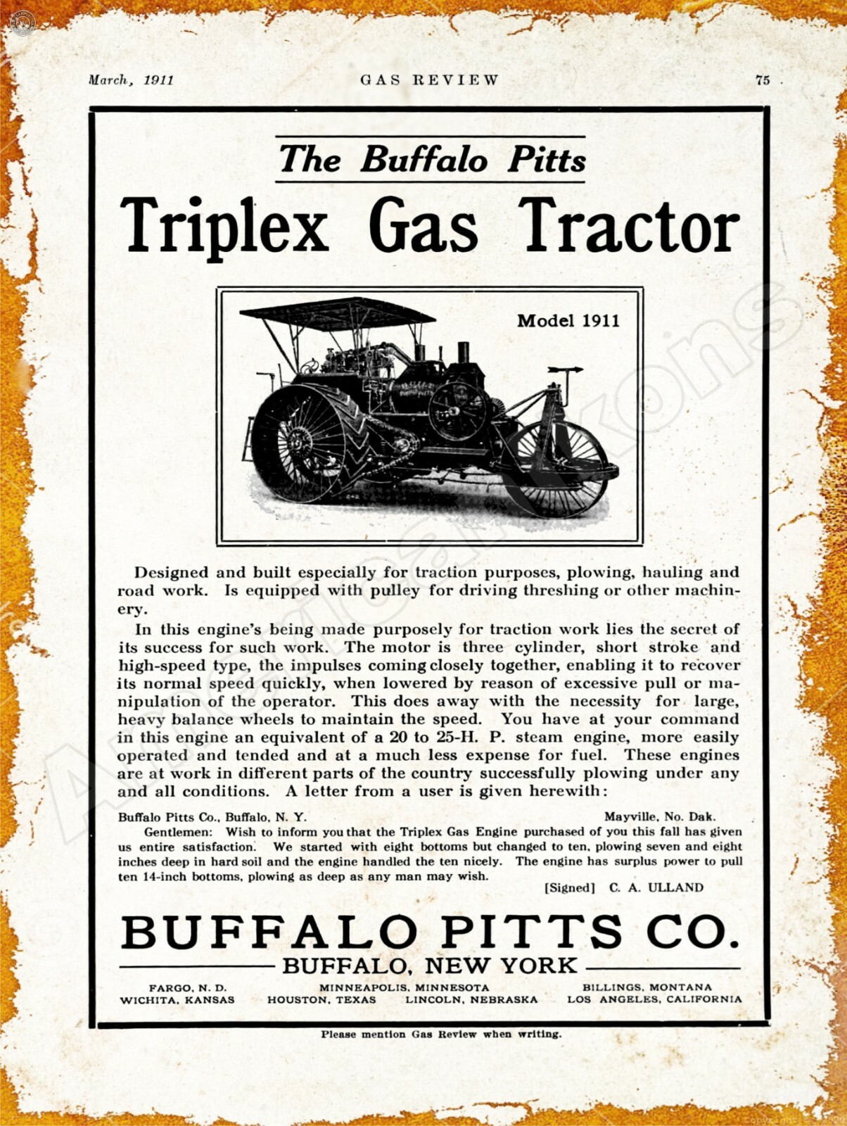 1911 Buffalo Pitts Triplex Gas Tractor New Metal Sign: Buffalo, New York