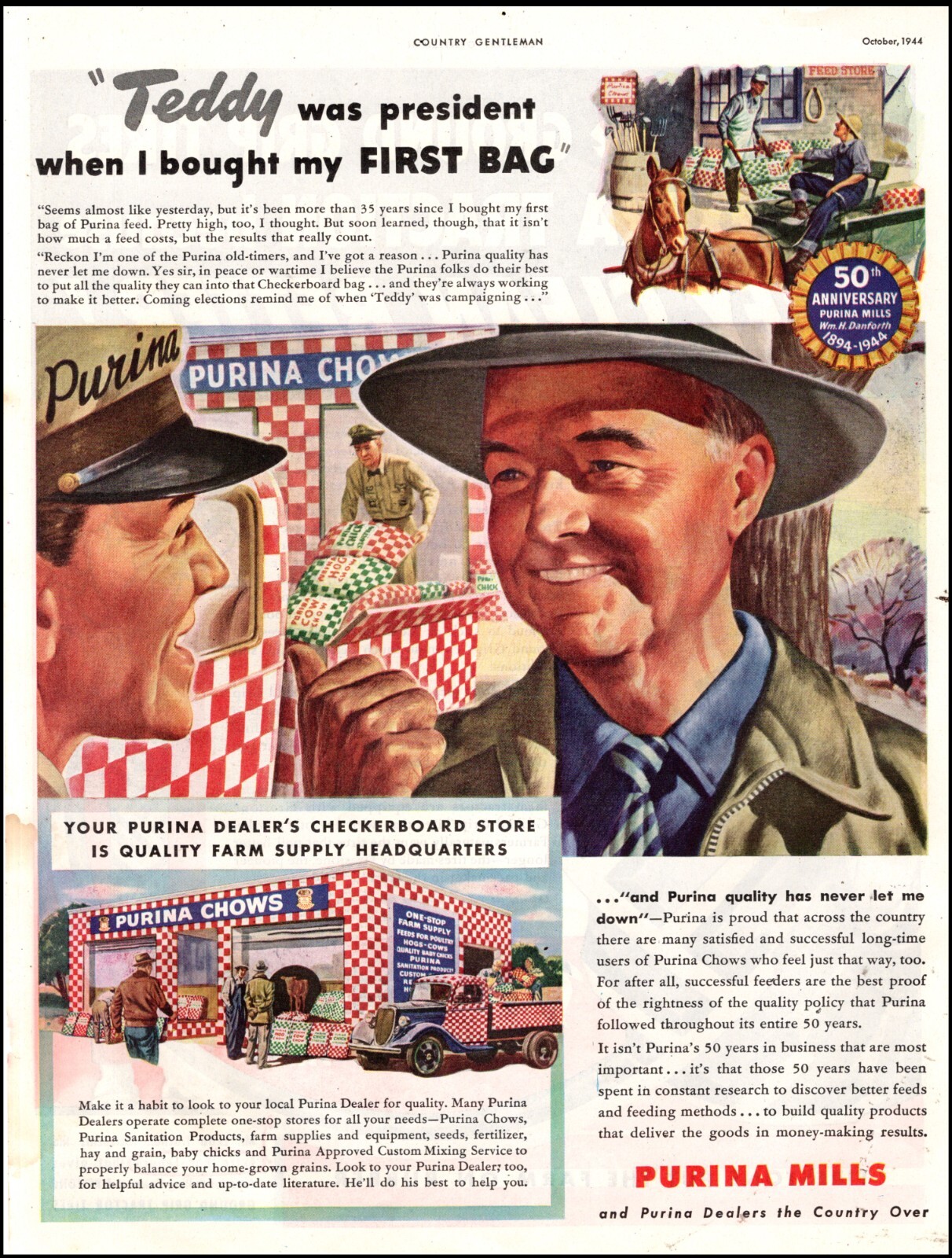 1943 WW2 Farm Ad for PURINA MILLS 50th Anniversary ! Farm Supply HQ 042625
