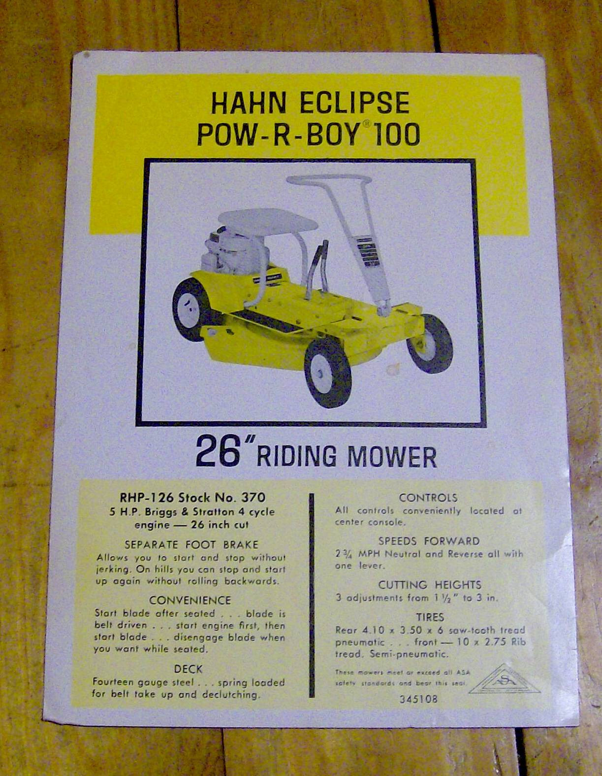 vintage 1960s LAWNMOWER advertising card brochure HAHN ECLIPSE POW-R-BOY 100 OLD