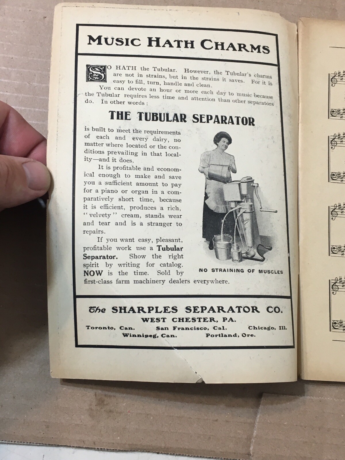 Antique Sharples Separator Co. Old Time Song Book Advertising