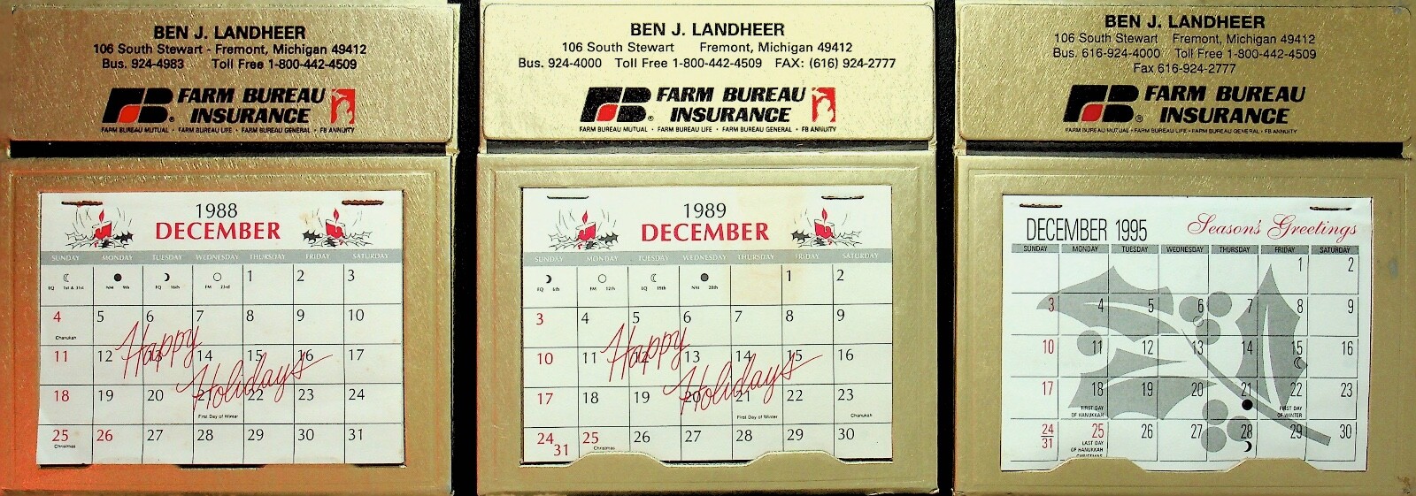 THREE 1980-90&rsquo;s Farm Bureau Insurance Fremont, Michigan Stand Up Calendars-E13-B