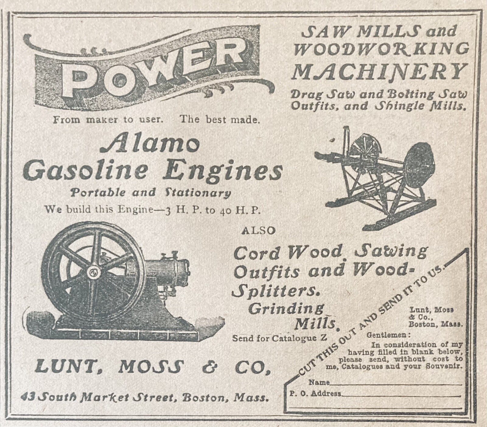 1906 AD(XH34)~LUNT, MOSS CO. BOSTON. ALAMO GASOLINE ENGINES AND SAW MILLS