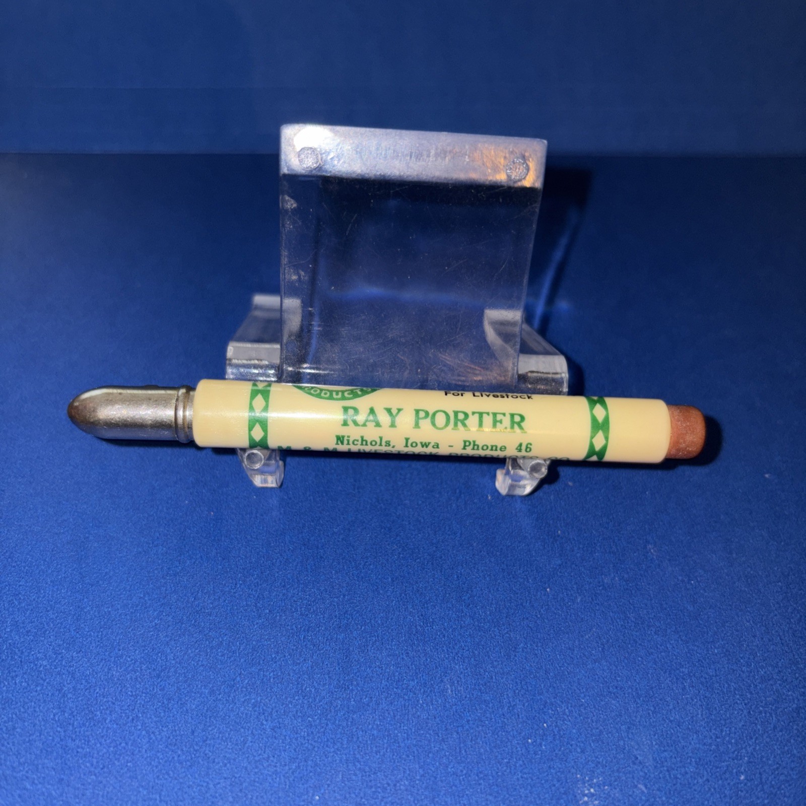 Vtg M & M Livestock Products Bullet Pencil Ray Porter – Nichols, Iowa Vtg Ph #