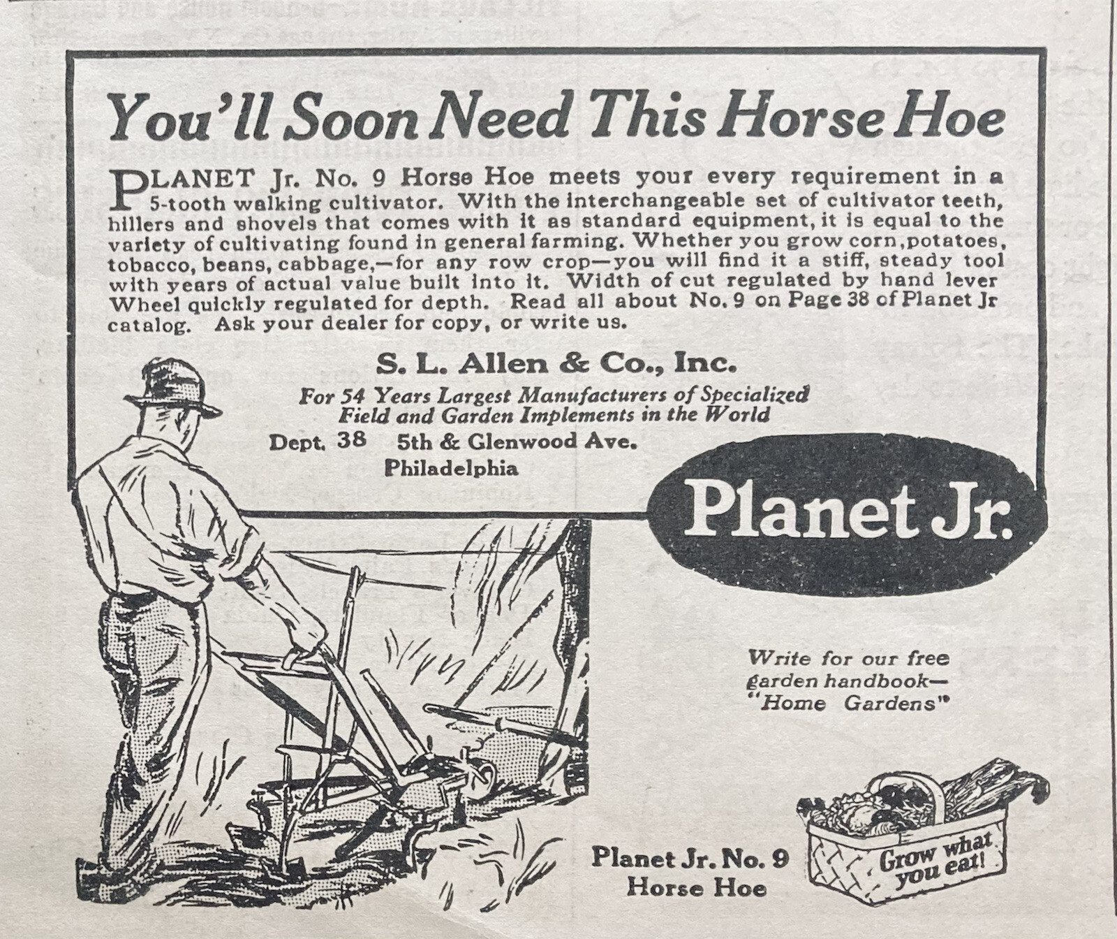 1926 AD.(XG23)~S.L. ALLEN CO. PHIL., PA. PLANET JR. NO.9 HORSE HOE