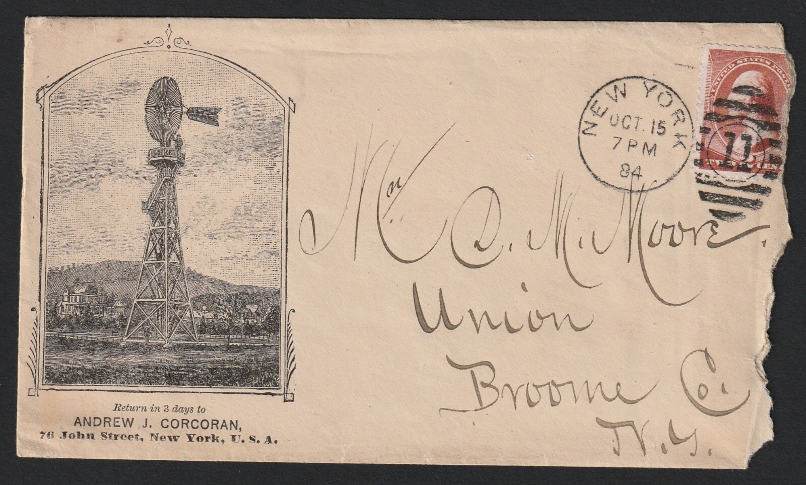 RARE Advertising Cover & Letter – Andrew Corcoran Wind Mills – New York NY 1884