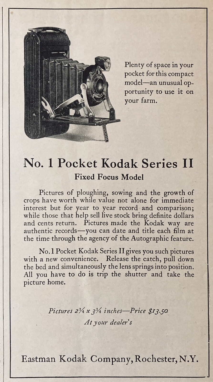 1923 AD.(XH22)~EASTMAN KODAK CO. ROCHESTER, NY. NO.1 POCKET SERIES II