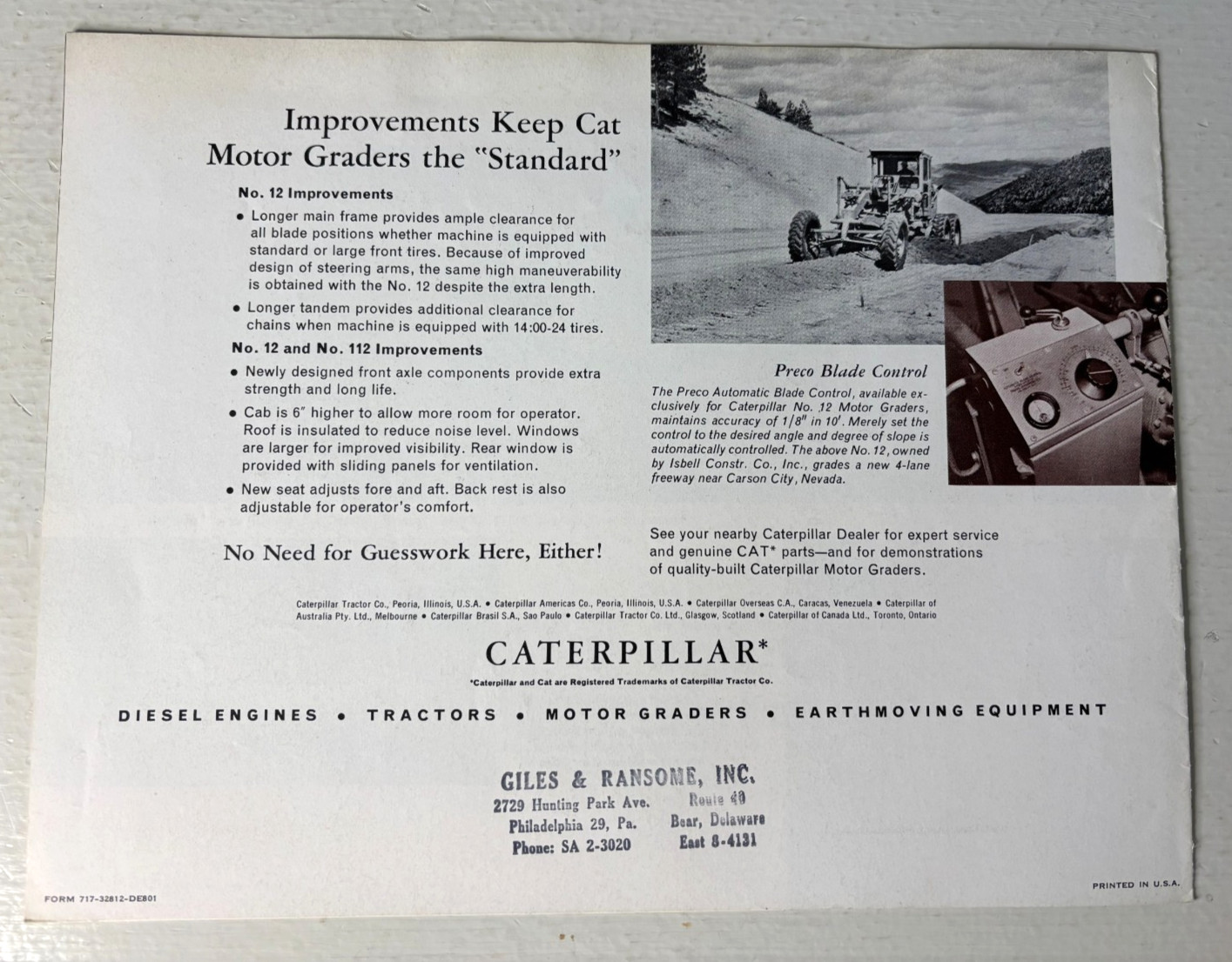 Caterpillar CAT 112 Motor Grader Brochure 1958 Can You Afford to Guess? 7 Pg VTG