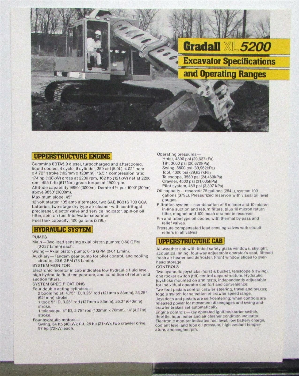 1992 Grandall XL 5200 Excavator Specifications Construction Sales Brochure