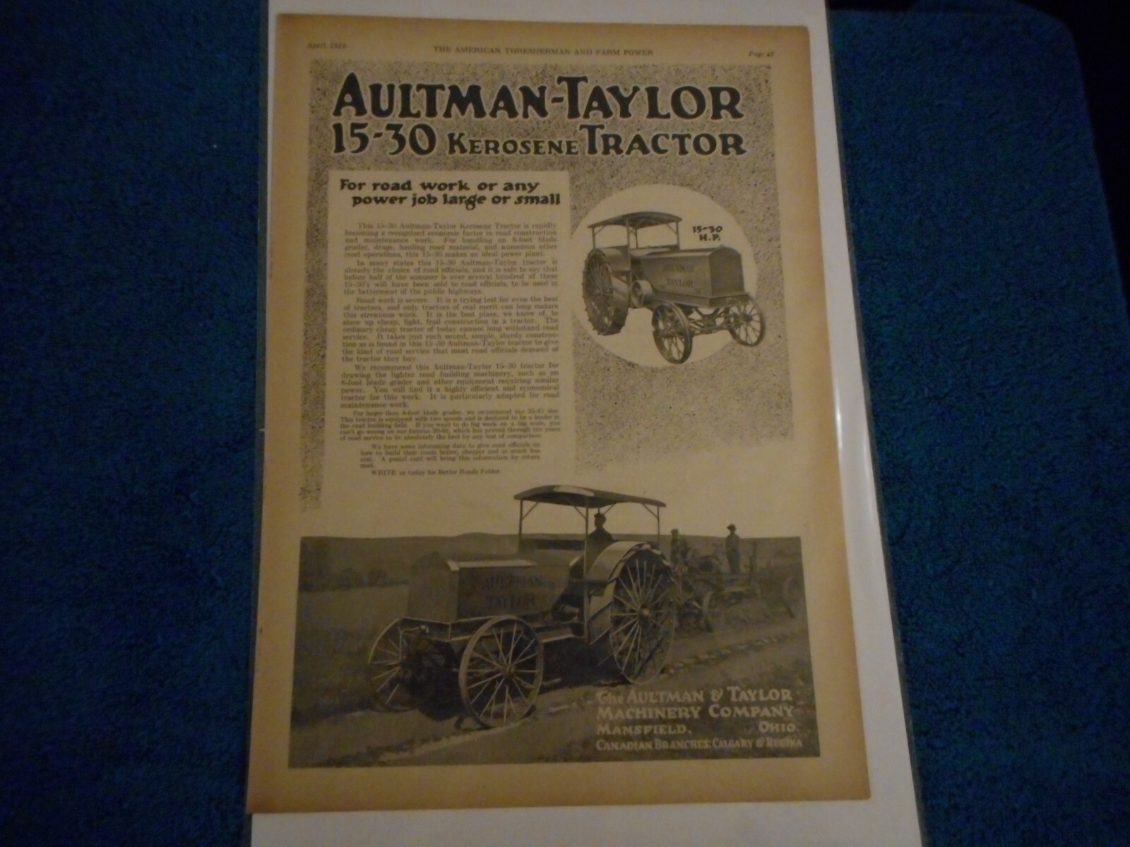 1919 Aultman Taylor Co. Advertisement: 15-30 Kerosene Tractor; Mansfield, Ohio