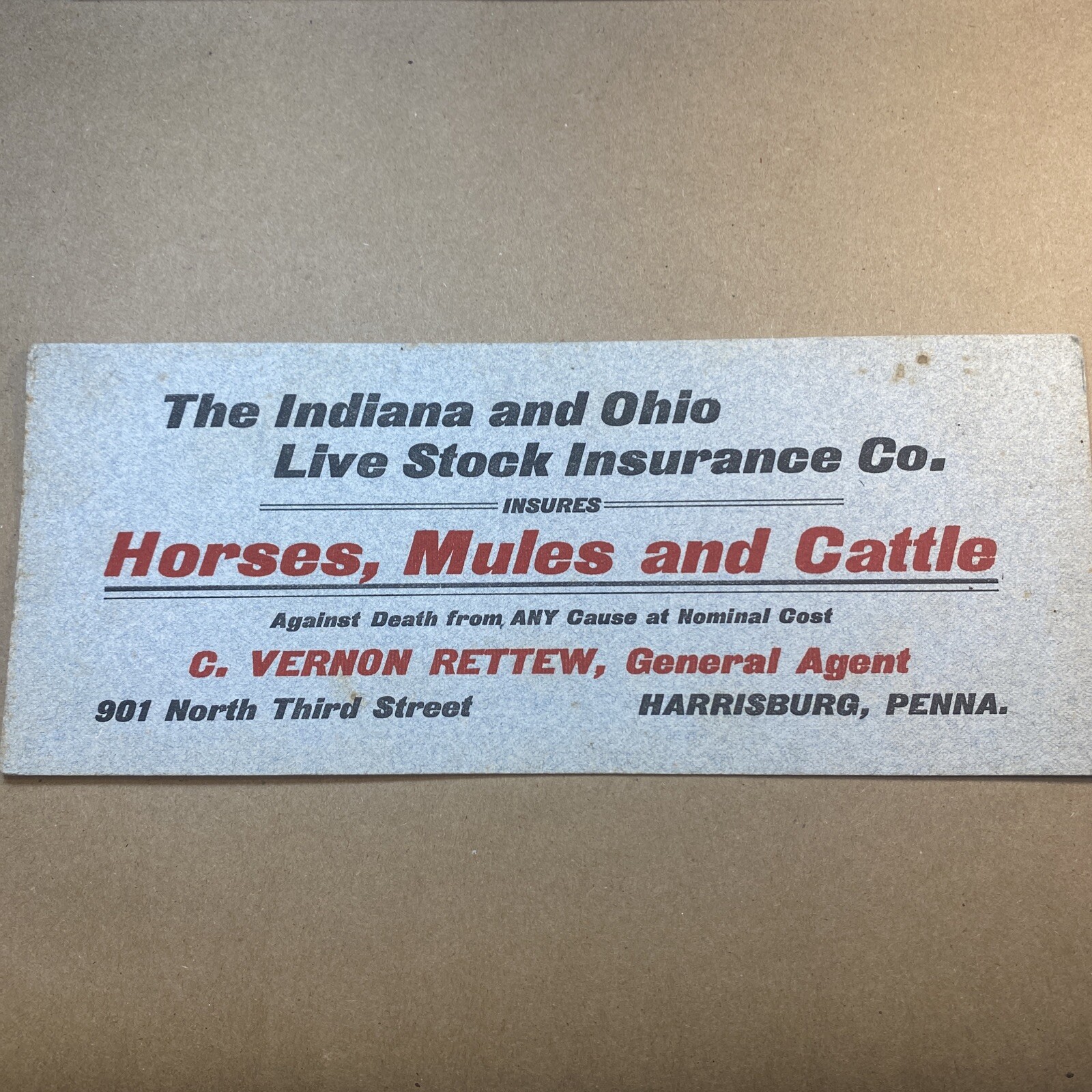 Rare Livestock Insurance Advertising C. Vernon Rettew Harrisburg PA