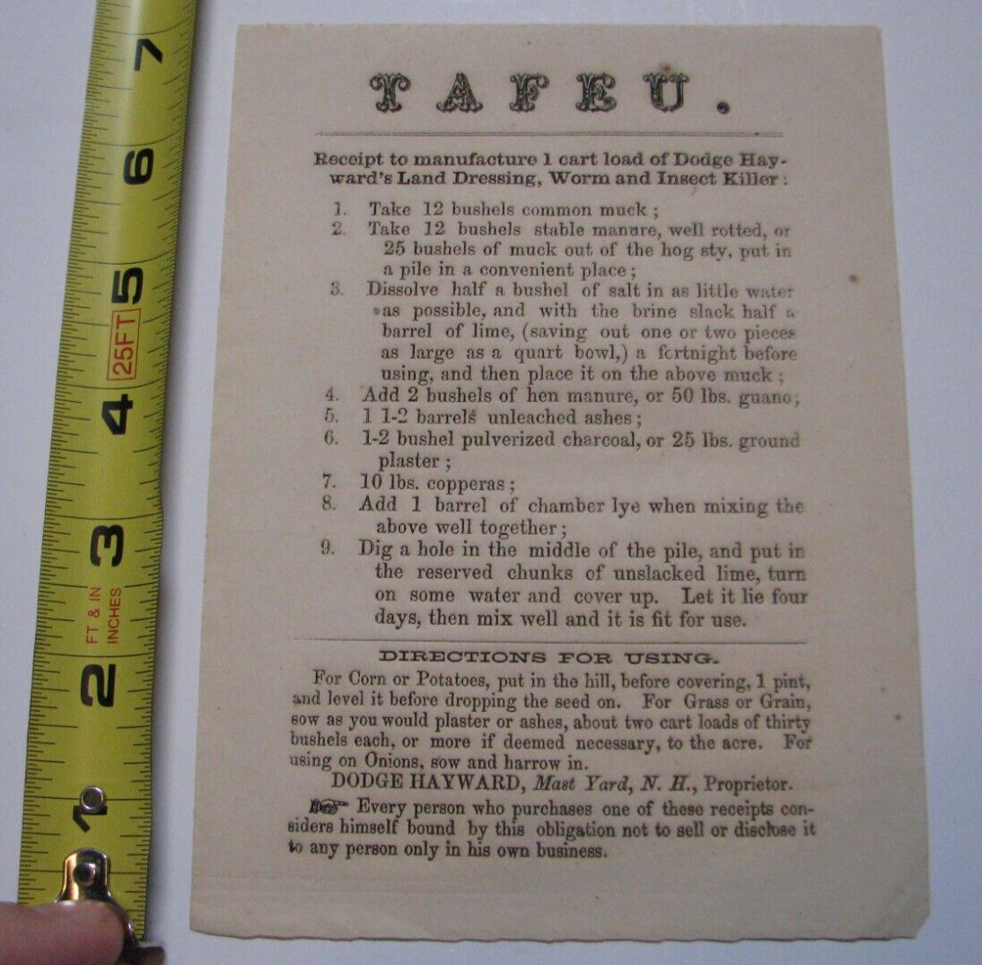 1850S ADVERTISING FLIER FOR TAFEU DODGE HAYWARD&rsquo;S INSECT KILLER MAST YARD NH