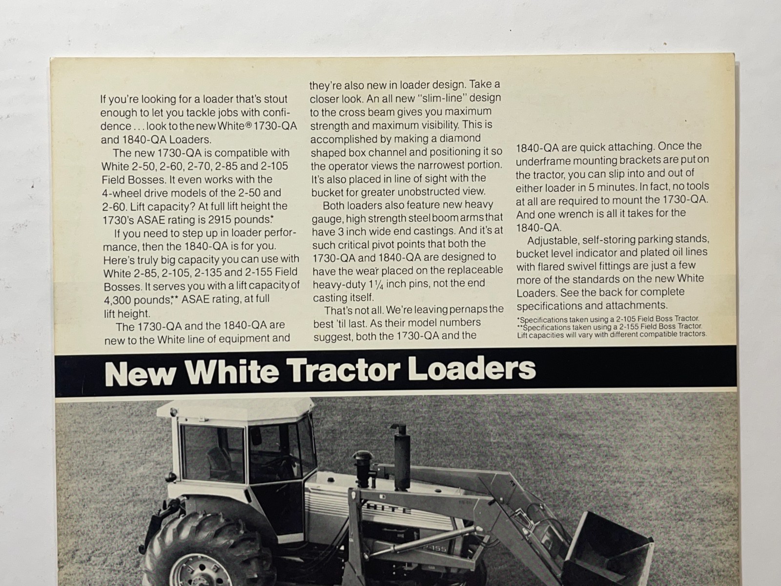 Vintage 1978 – White Tractor Loaders Sales Brochure *Showroom Sales Sheet*