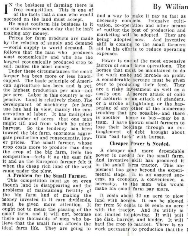 1915 ARTICLE~TRACTORS FOR SMALL FARMS, CHEAPER THAN HORSE POWER! MORE EFFICIENT!